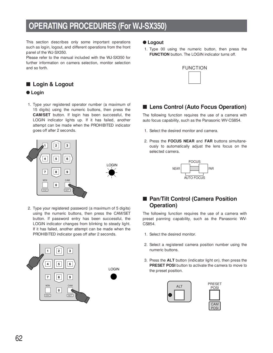 Panasonic WV-CU360C manual Operating Procedures For WJ-SX350, Login & Logout, Lens Control Auto Focus Operation 