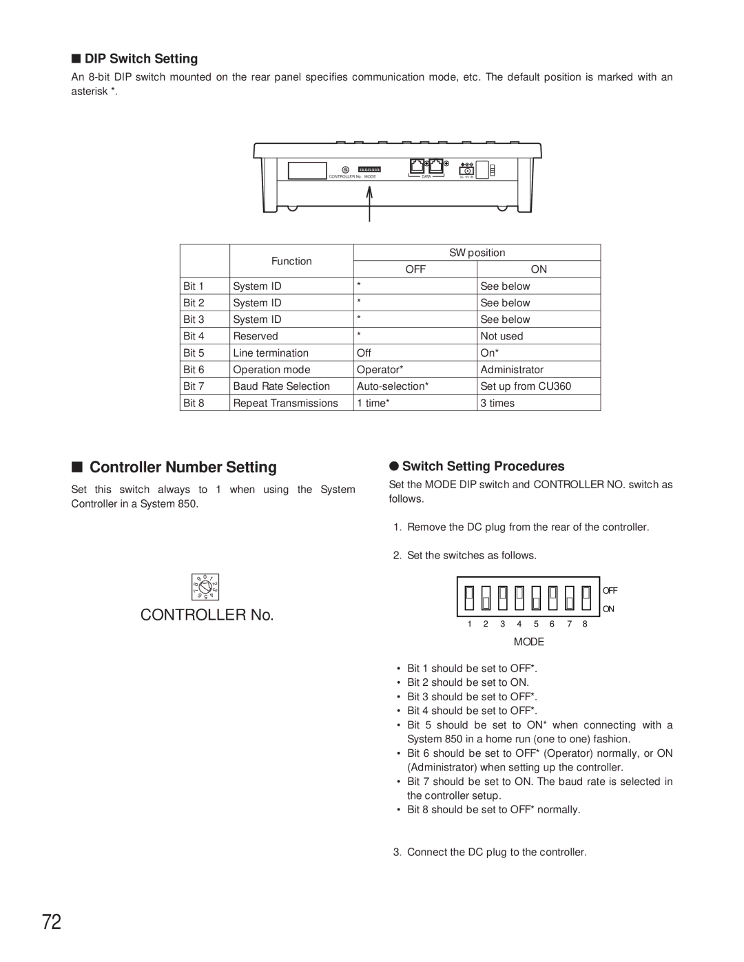 Panasonic WV-CU360C manual Controller Number Setting, DIP Switch Setting 