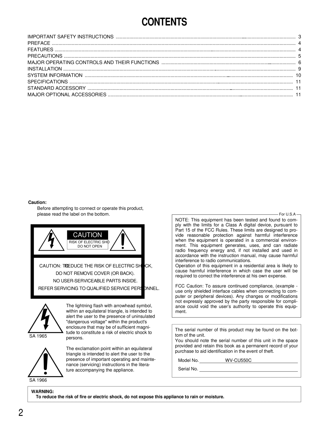 Panasonic WV-CU550C operating instructions Contents 