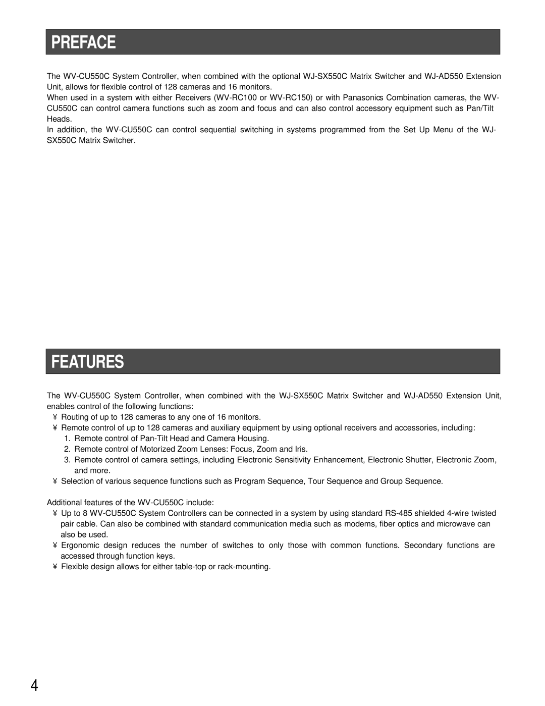 Panasonic WV-CU550C operating instructions Preface, Features 