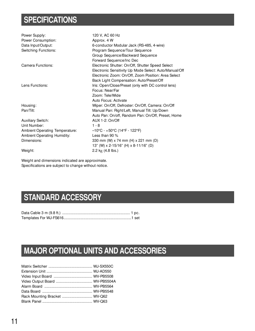 Panasonic WV-CU550C Specifications, Standard Accessory, Major Optional Units And Accessories, WV-PB5504A 