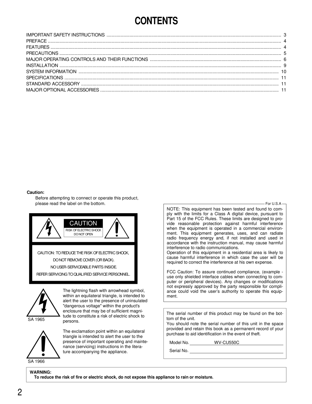 Panasonic WV-CU550C operating instructions Contents 