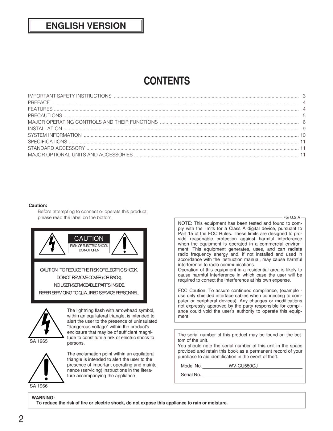 Panasonic WV-CU550CJ manual Contents 