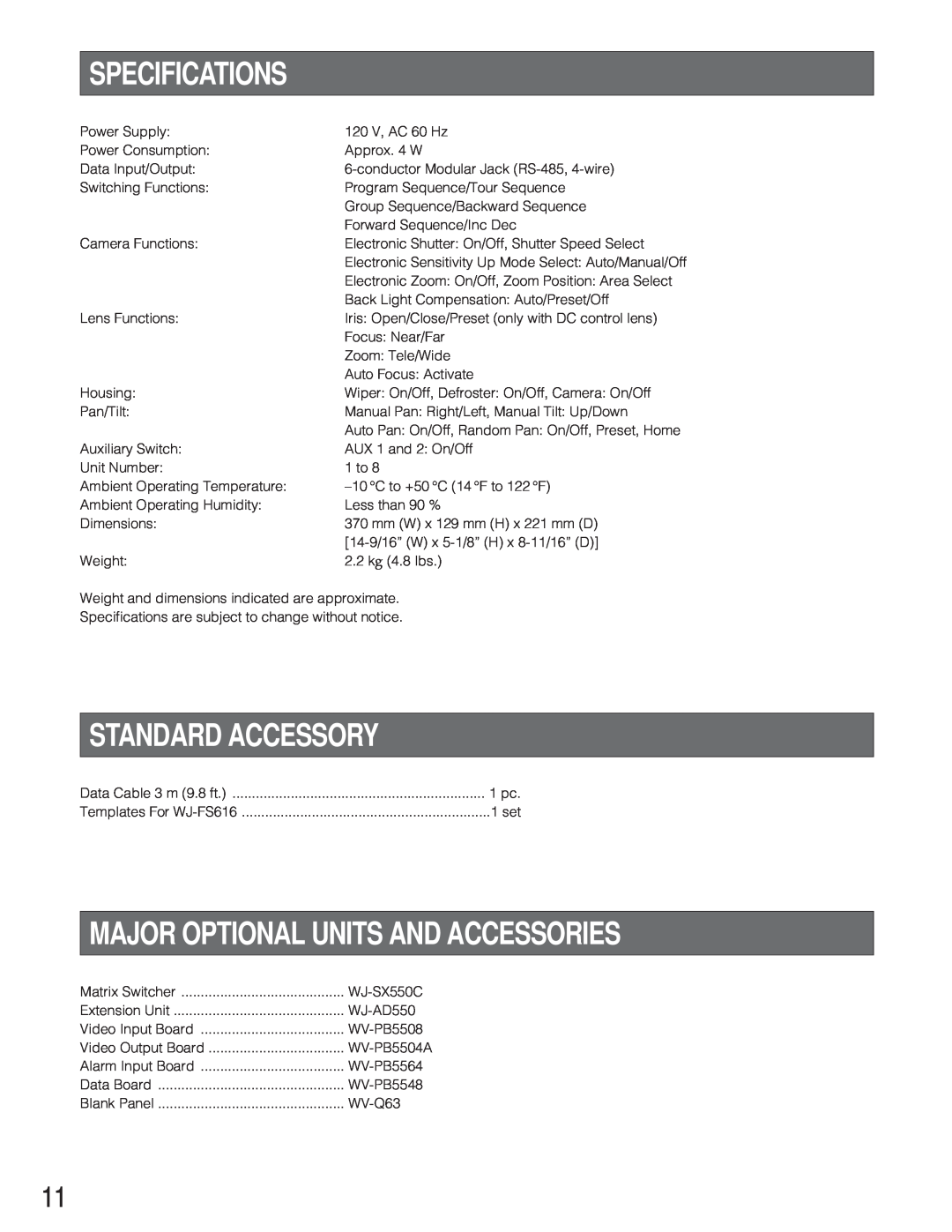 Panasonic WV-CU550CJ manual Specifications, Standard Accessory, Major Optional Units And Accessories, WV-PB5504A 
