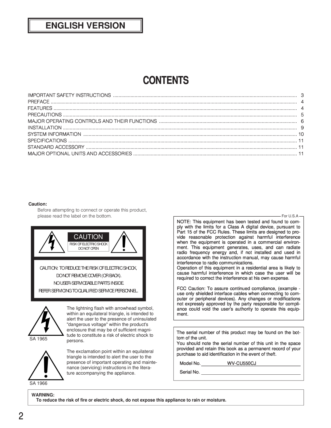 Panasonic WV-CU550CJ manual English Version, Contents 