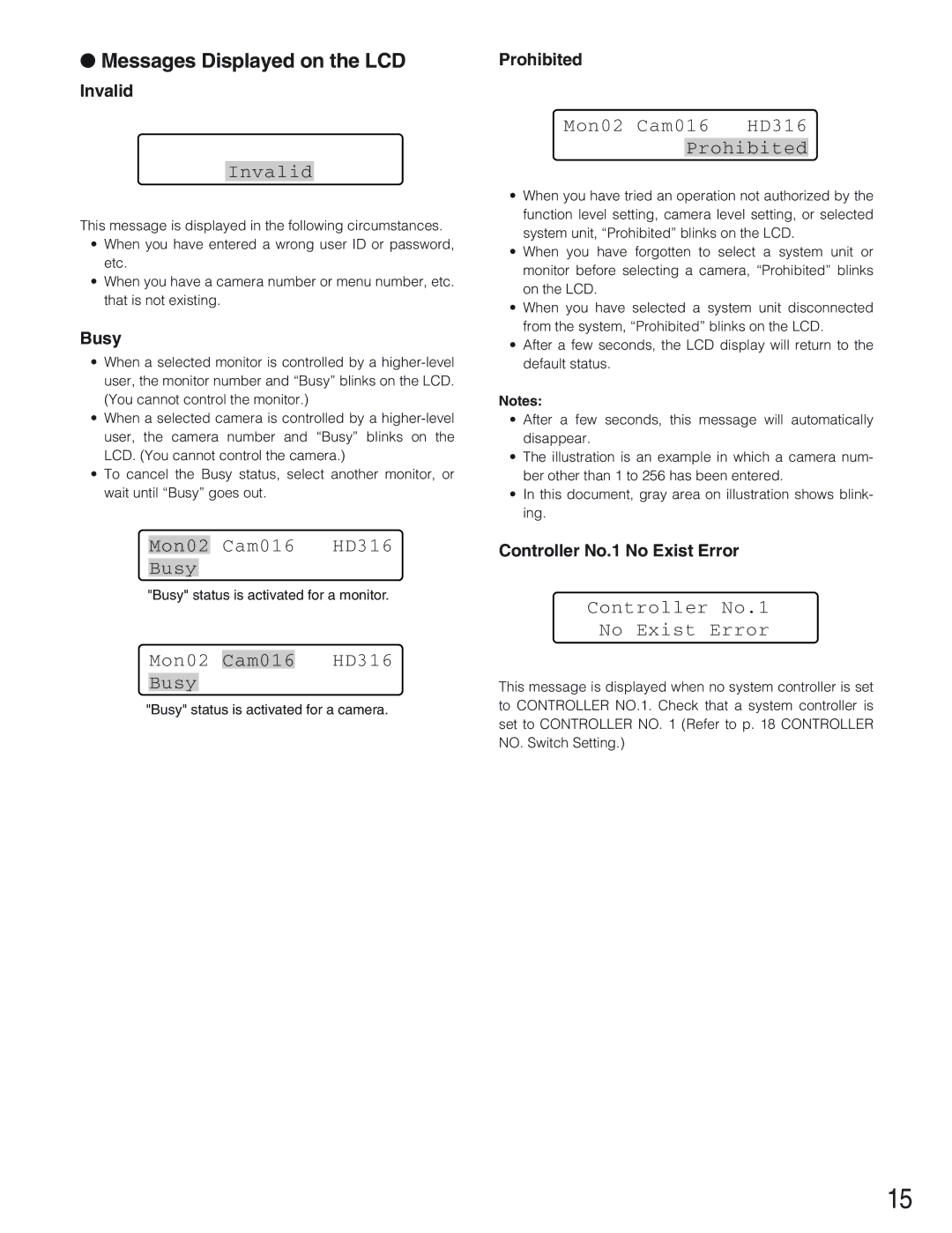 Panasonic WV-CU650 Messages Displayed on the LCD, Invalid, Mon02 Cam016 HD316 Busy, Mon02 Cam016 HD316 Prohibited 