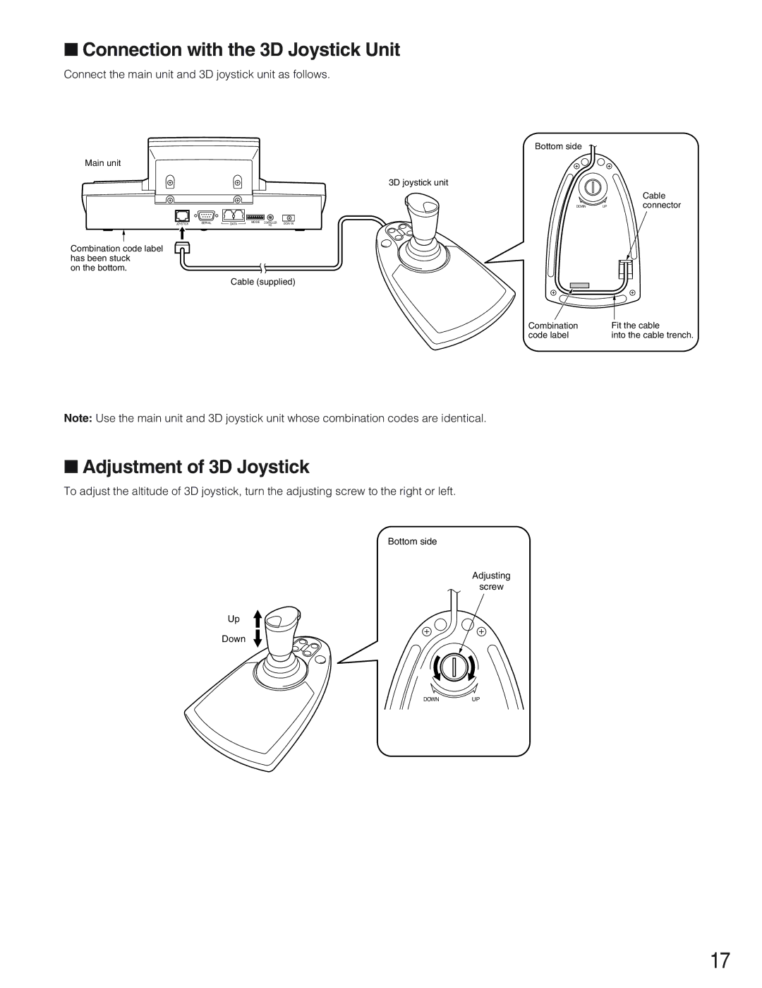 Panasonic WV-CU650 operating instructions Connection with the 3D Joystick Unit, Adjustment of 3D Joystick 