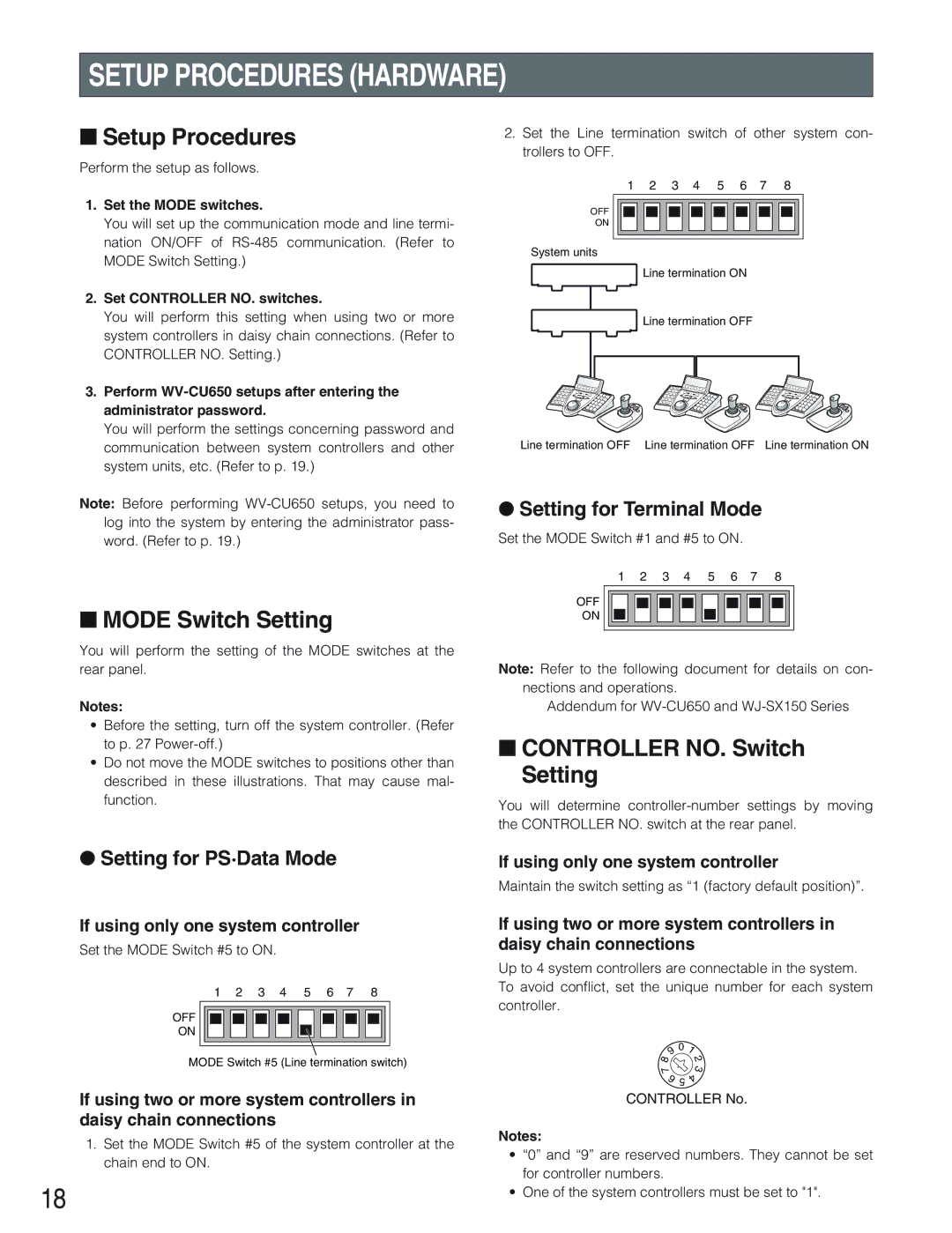 Panasonic WV-CU650 operating instructions Setup Procedures Hardware, Mode Switch Setting, Controller NO. Switch Setting 