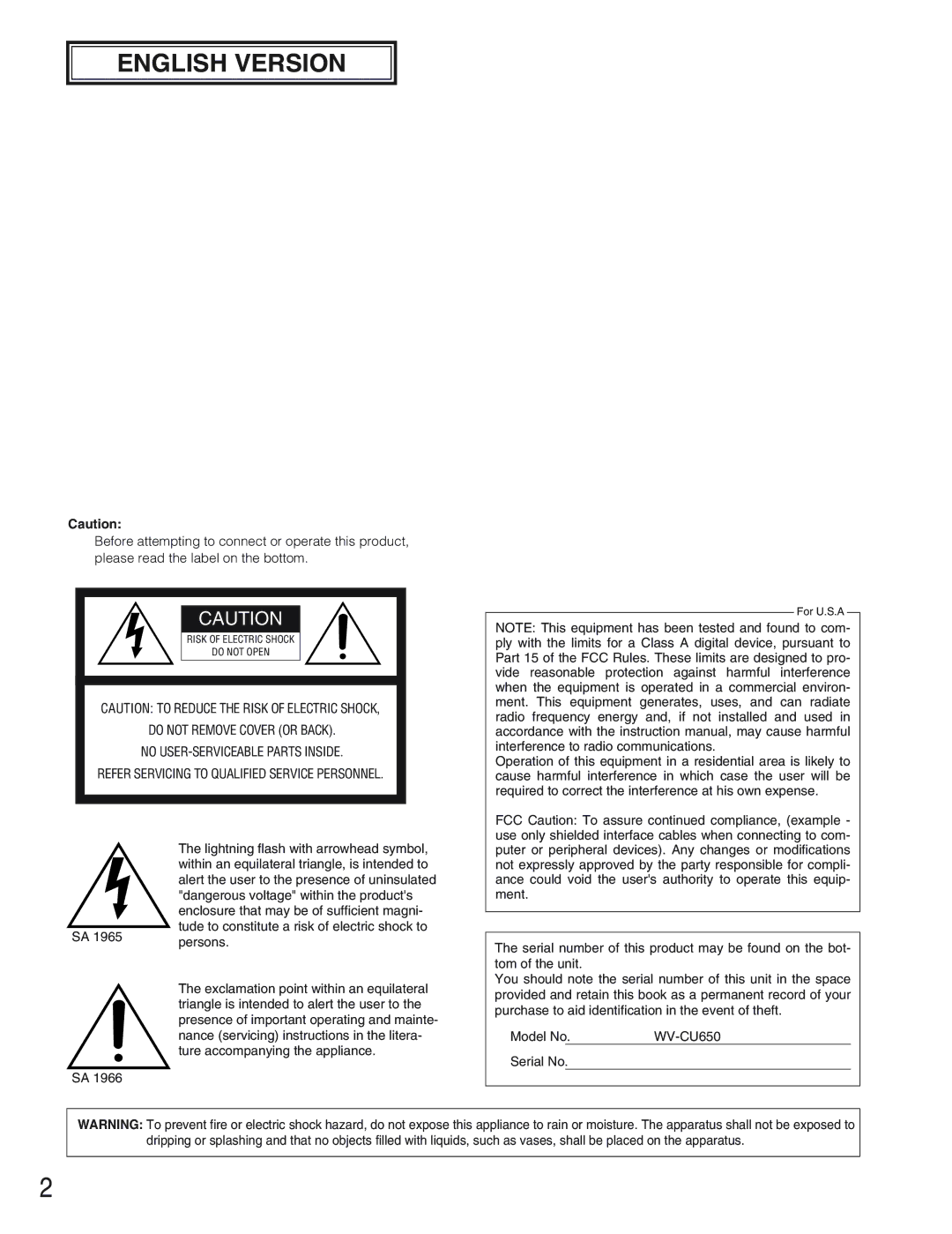 Panasonic WV-CU650 operating instructions English Version 