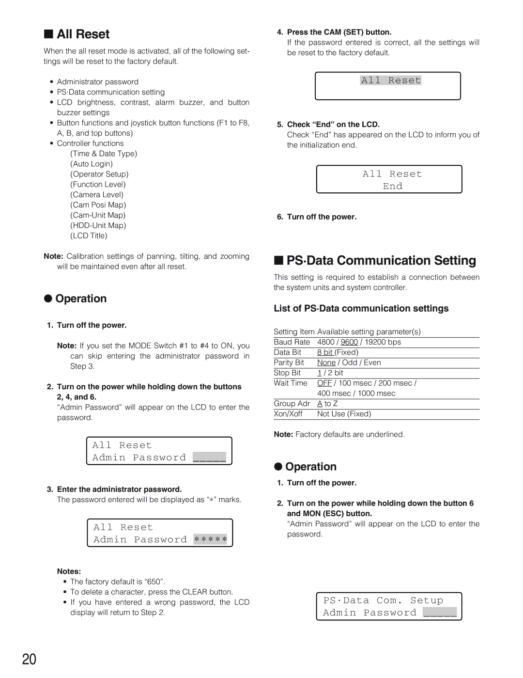 Panasonic WV-CU650 operating instructions All Reset, PS·Data Communication Setting, Operation 