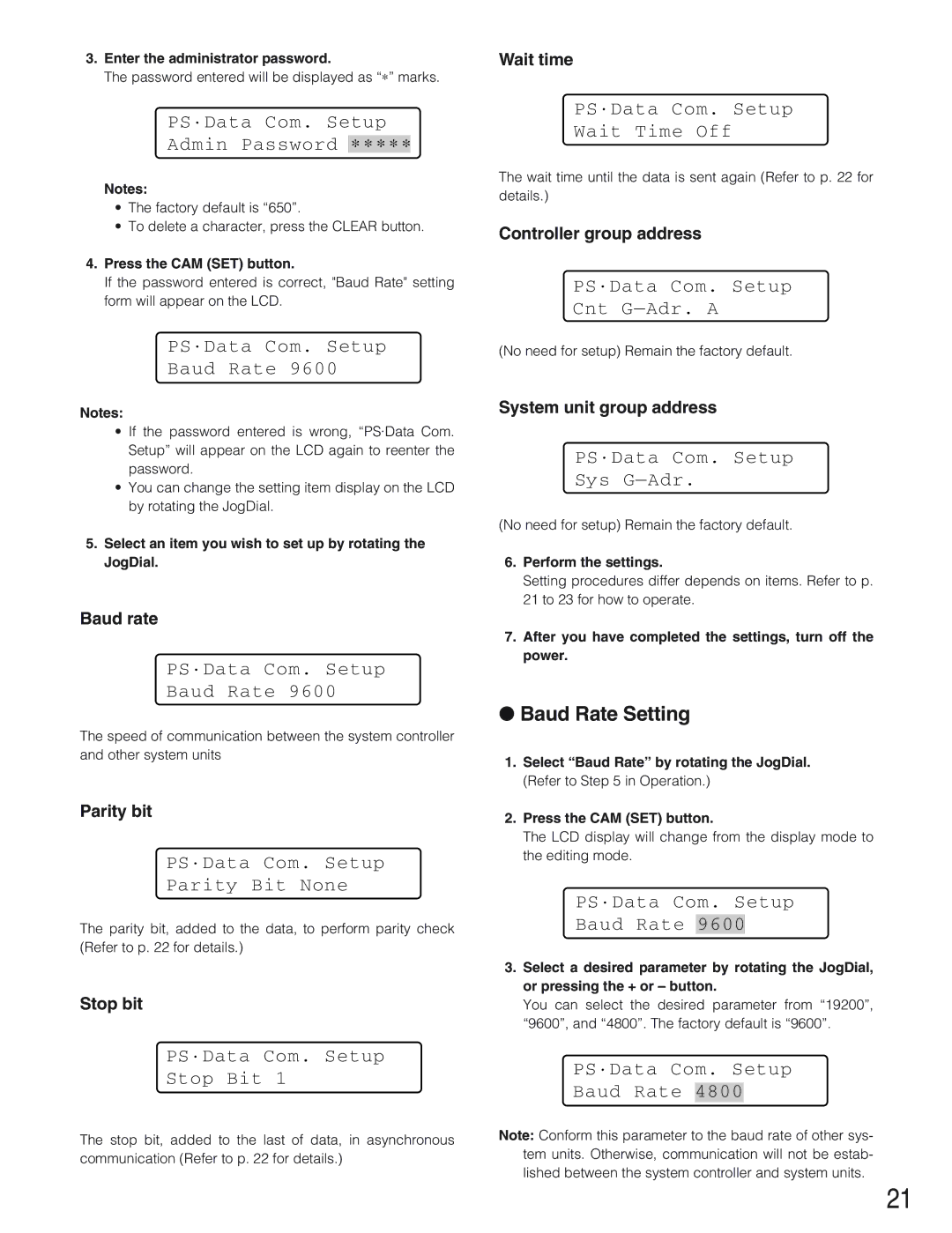 Panasonic WV-CU650 operating instructions Baud Rate Setting 