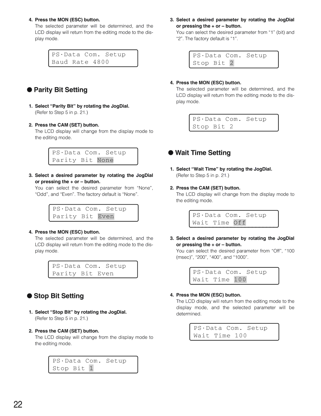 Panasonic WV-CU650 operating instructions Parity Bit Setting, Stop Bit Setting, Wait Time Setting 