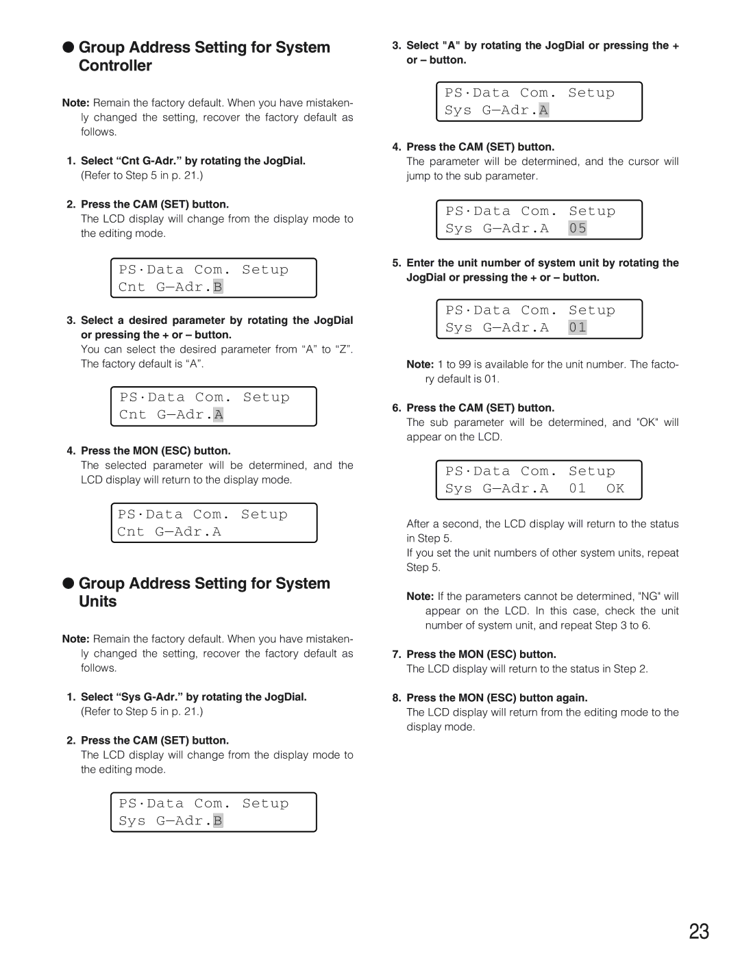 Panasonic WV-CU650 Group Address Setting for System Controller, Group Address Setting for System Units 