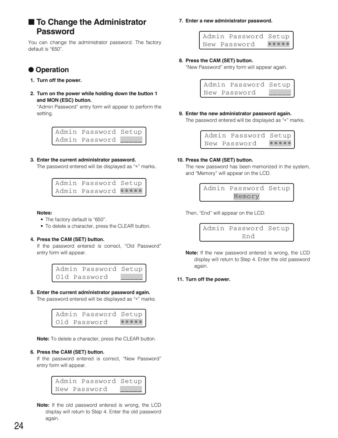 Panasonic WV-CU650 operating instructions To Change the Administrator Password 