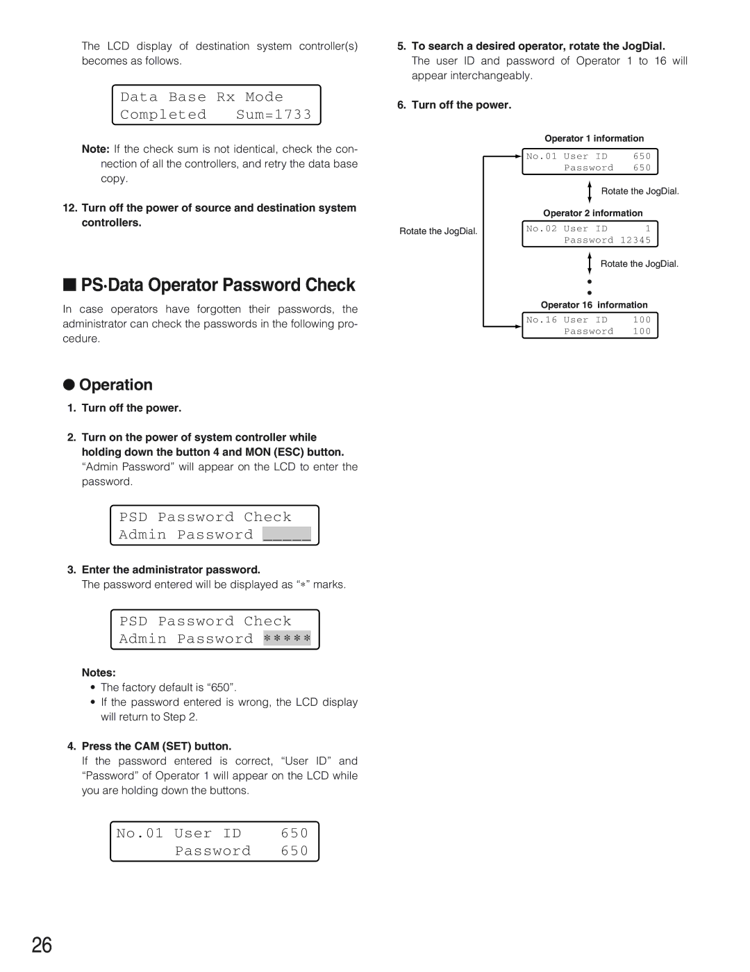 Panasonic WV-CU650 PS·Data Operator Password Check, Data Base Rx Mode Completed Sum=1733, No.01 User ID 650 Password 