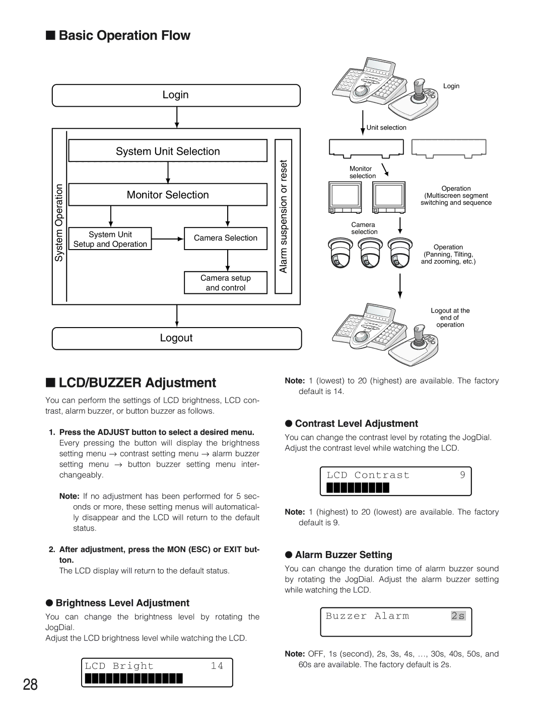 Panasonic WV-CU650 Basic Operation Flow, LCD/BUZZER Adjustment, LCD Bright, LCD Contrast, Buzzer Alarm 