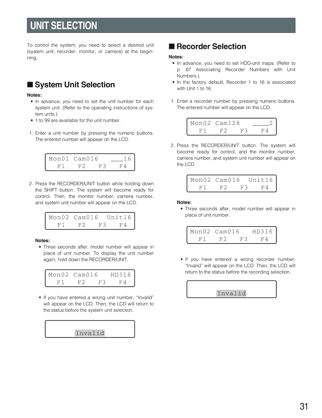 Panasonic WV-CU650 operating instructions System Unit Selection, Recorder Selection 