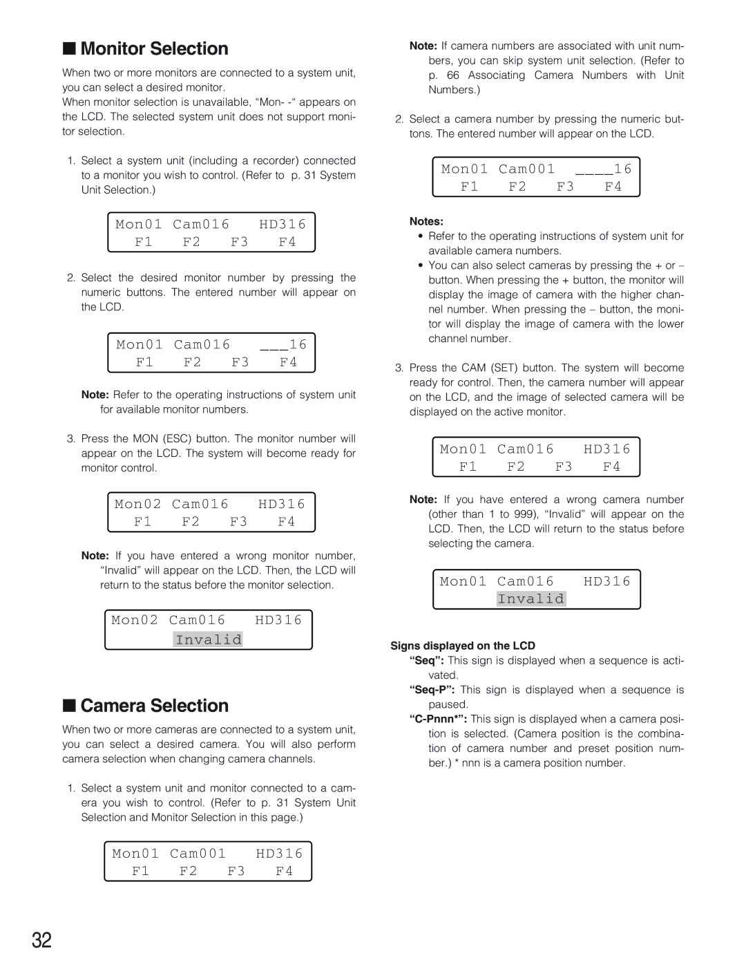 Panasonic WV-CU650 operating instructions Monitor Selection, Camera Selection 