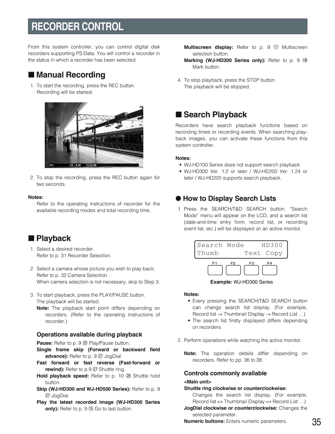 Panasonic WV-CU650 operating instructions Recorder Control, Manual Recording, Search Playback, How to Display Search Lists 