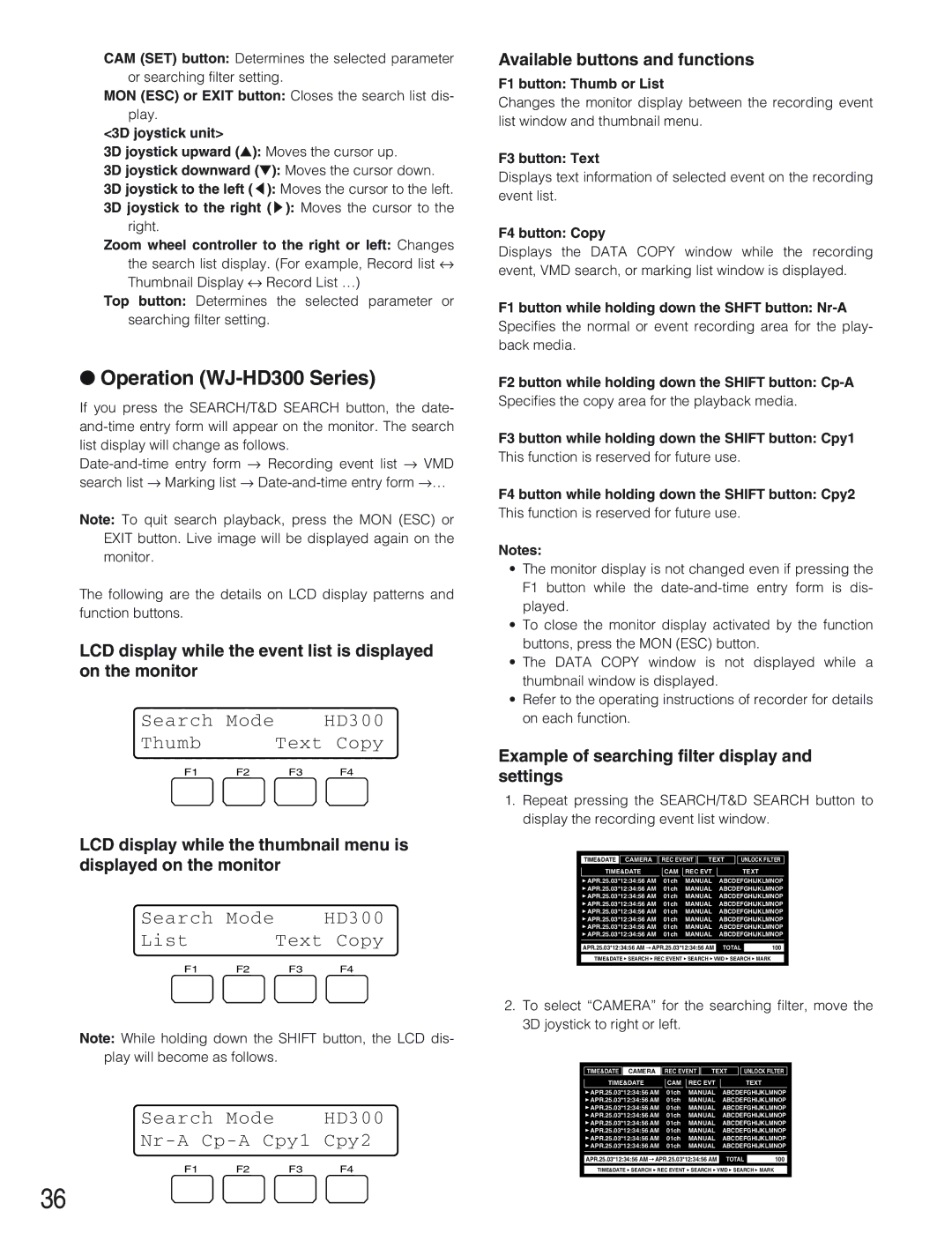 Panasonic WV-CU650 operating instructions Operation WJ-HD300 Series, Search Mode HD300 List Text Copy Nr-A Cp-A Cpy1 Cpy2 