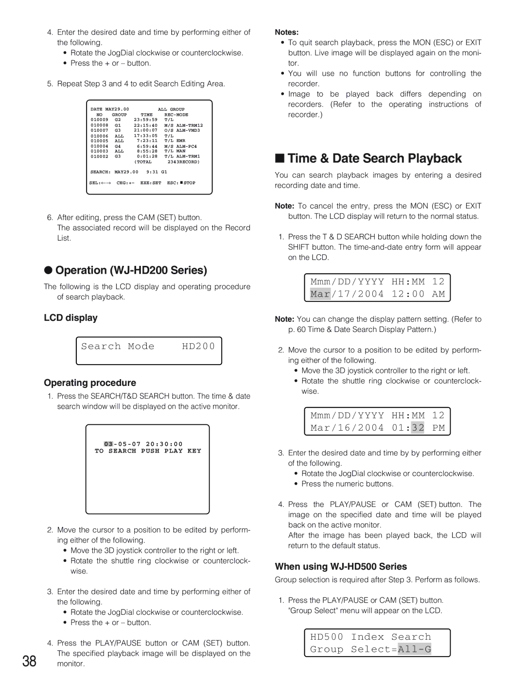 Panasonic WV-CU650 operating instructions Time & Date Search Playback, Operation WJ-HD200 Series, Search Mode HD200 