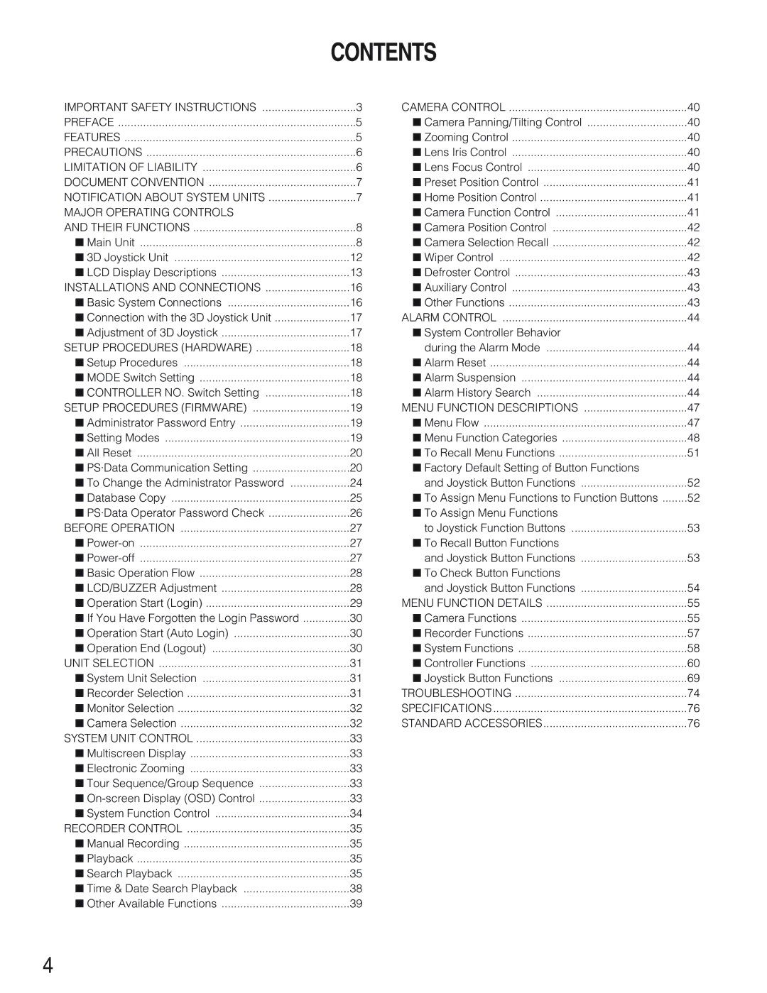 Panasonic WV-CU650 operating instructions Contents 