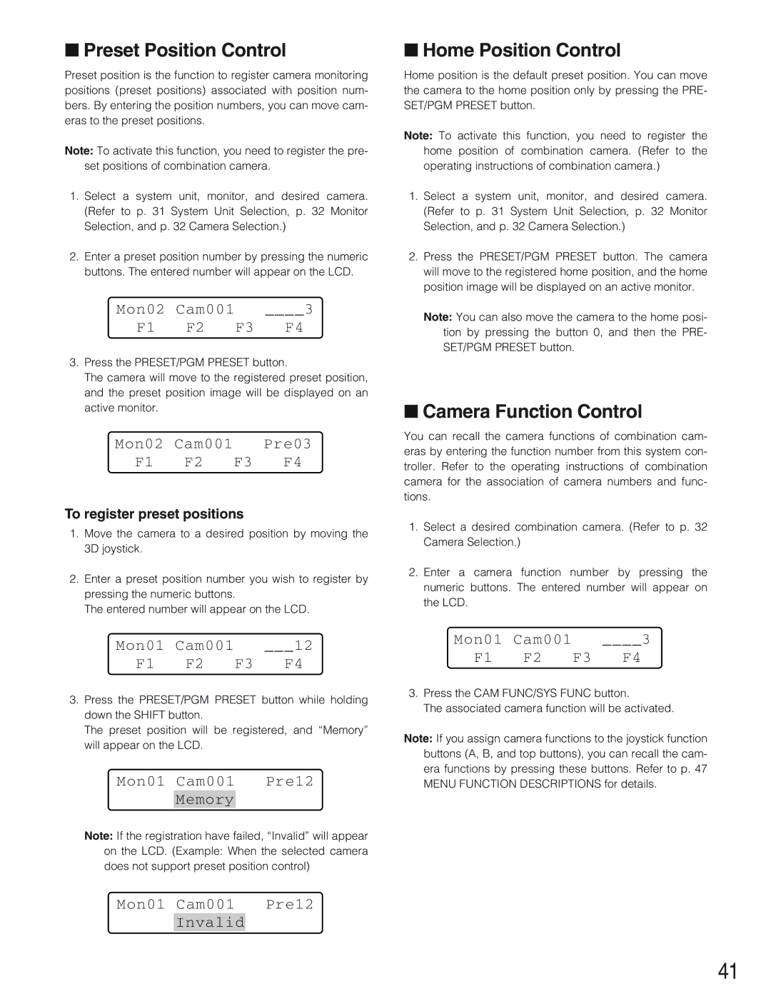 Panasonic WV-CU650 operating instructions Preset Position Control, Home Position Control, Camera Function Control 