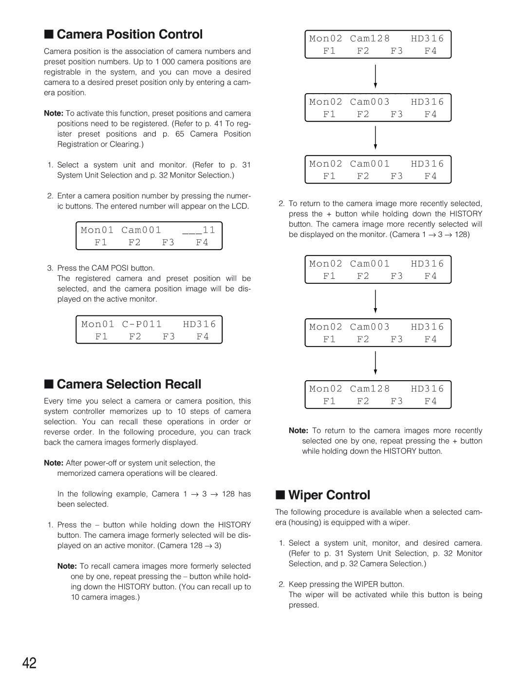 Panasonic WV-CU650 operating instructions Camera Position Control, Camera Selection Recall, Wiper Control 