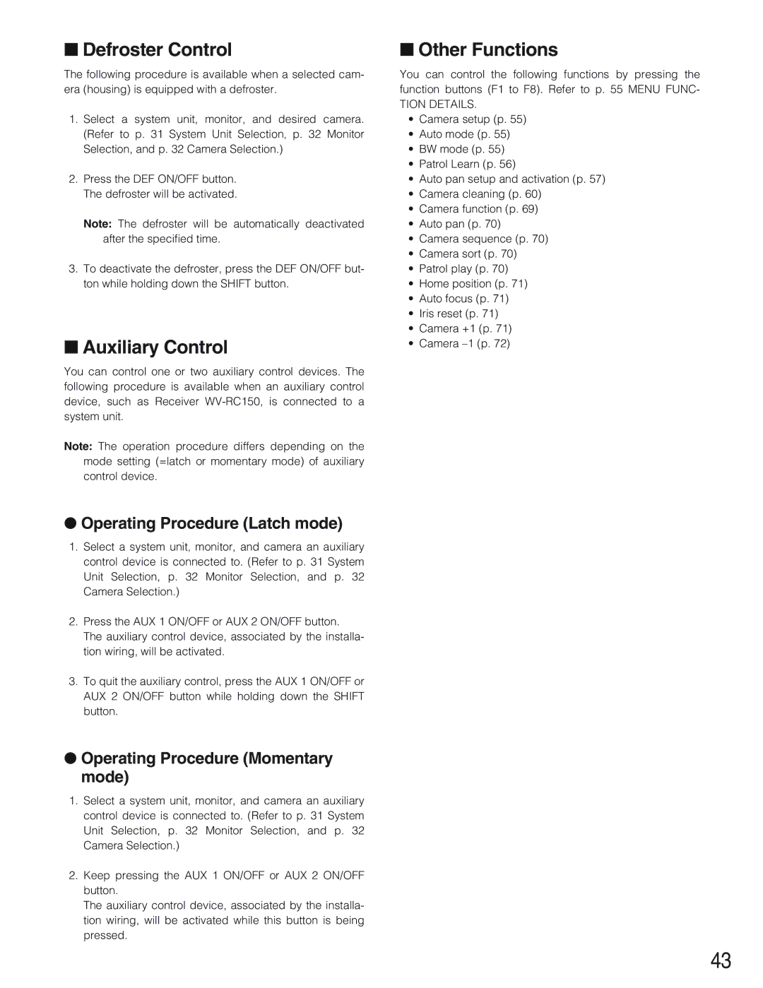 Panasonic WV-CU650 Defroster Control, Auxiliary Control, Other Functions, Operating Procedure Latch mode 