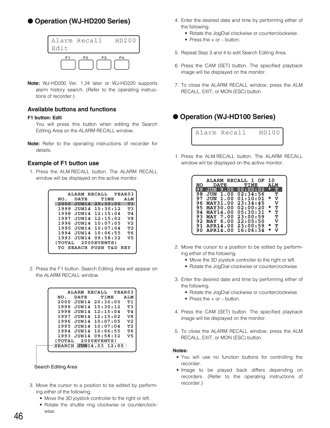 Panasonic WV-CU650 operating instructions Operation WJ-HD100 Series, Alarm Recall HD200 Edit, Alarm Recall HD100 