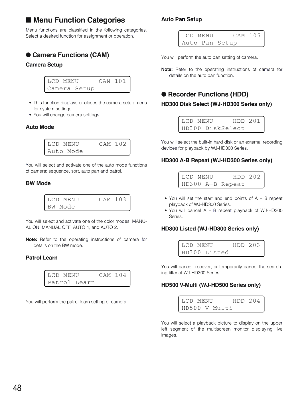 Panasonic WV-CU650 operating instructions Menu Function Categories, Camera Functions CAM, Recorder Functions HDD 