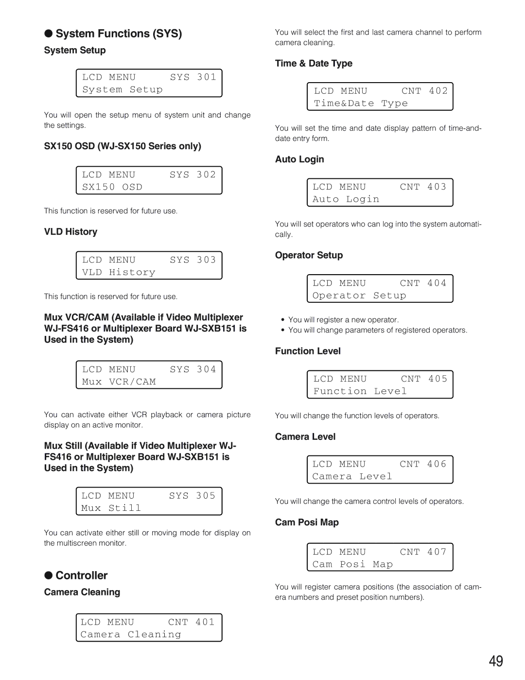 Panasonic WV-CU650 operating instructions System Functions SYS, Controller 