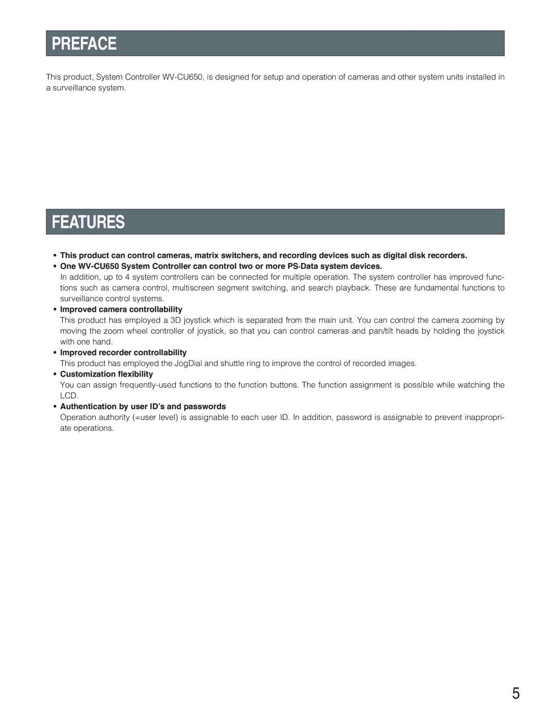 Panasonic WV-CU650 operating instructions Preface, Features 