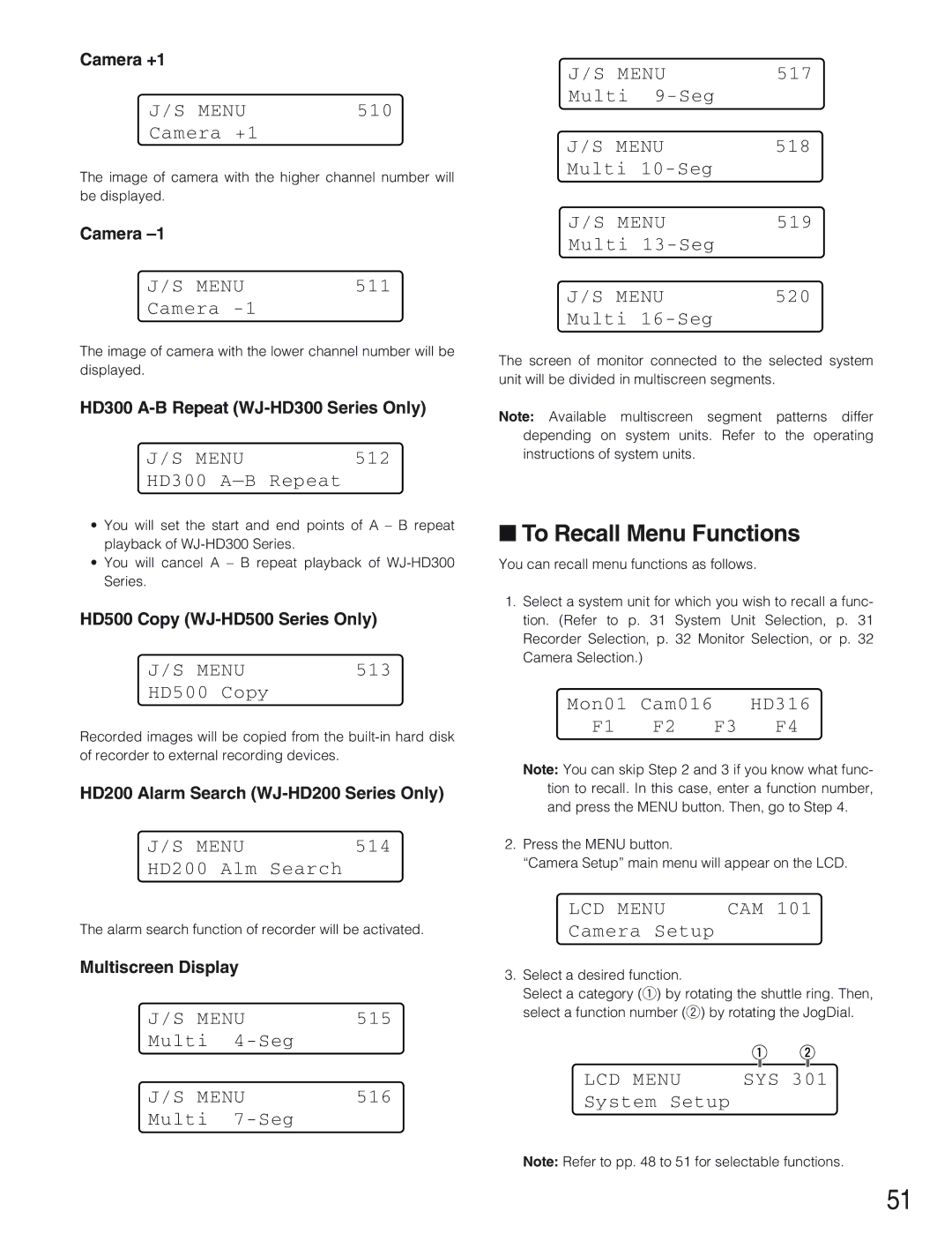 Panasonic WV-CU650 operating instructions To Recall Menu Functions 