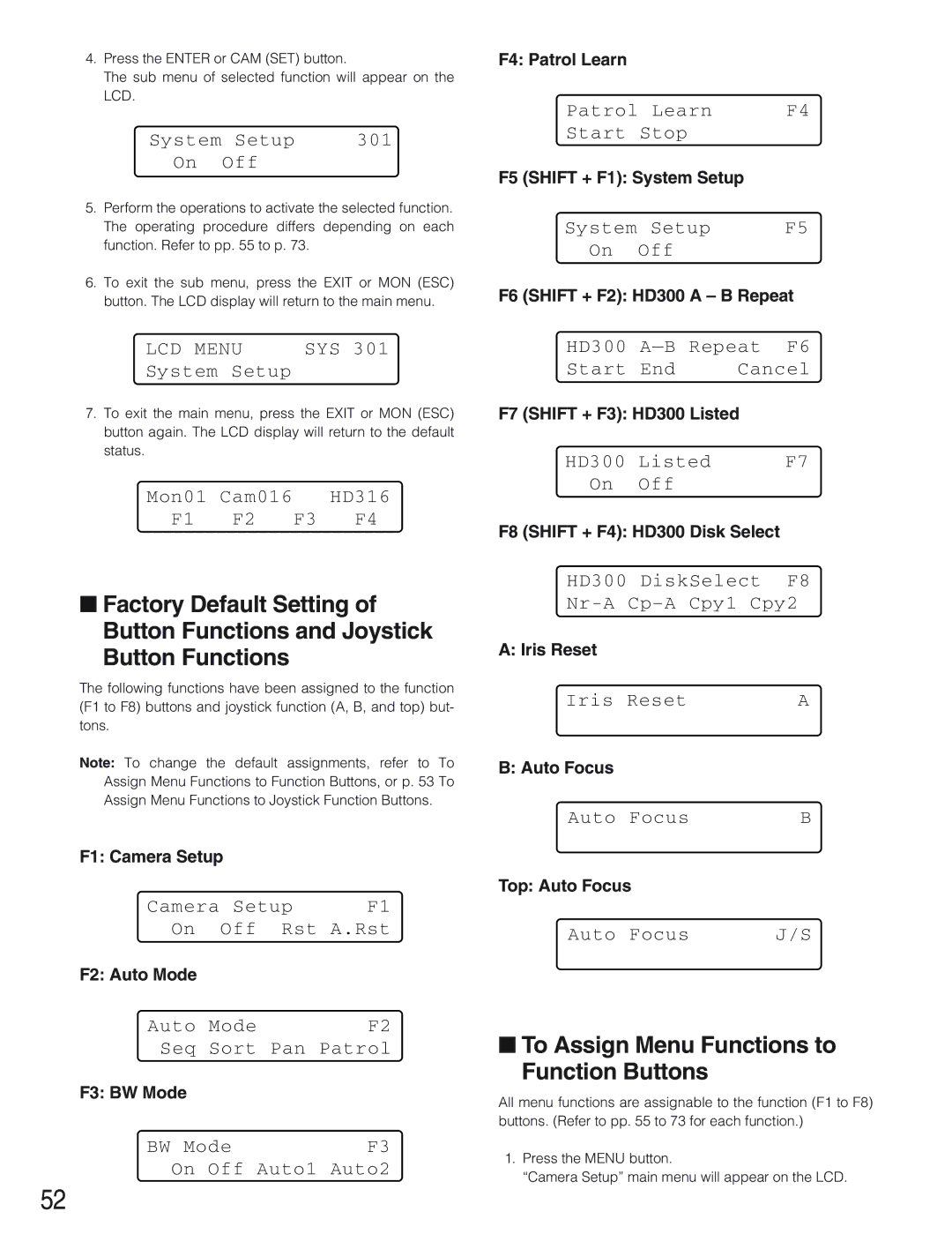 Panasonic WV-CU650 operating instructions To Assign Menu Functions to Function Buttons 