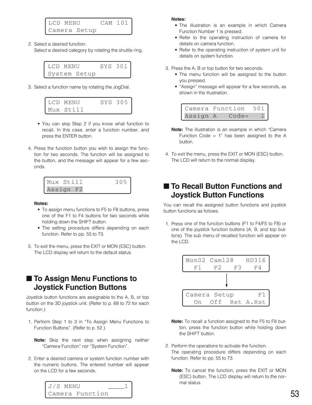 Panasonic WV-CU650 To Assign Menu Functions to Joystick Function Buttons, Camera Function Assign a Code= 