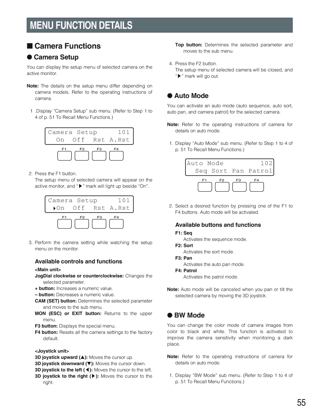 Panasonic WV-CU650 operating instructions Menu Function Details, Camera Functions, Camera Setup, Auto Mode, BW Mode 