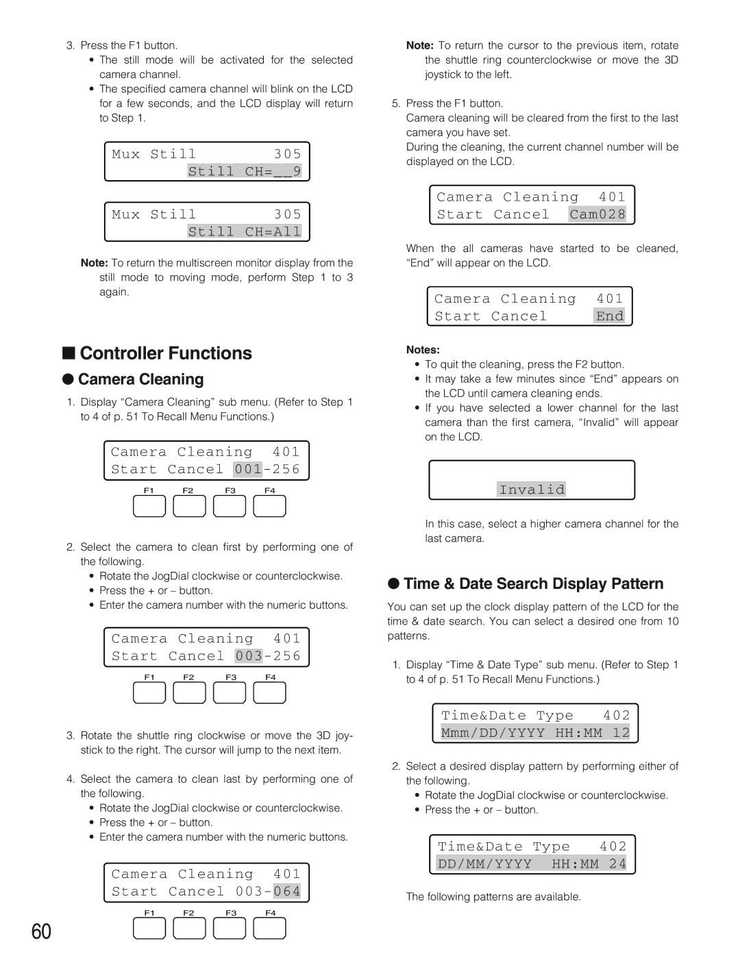 Panasonic WV-CU650 operating instructions Controller Functions, Camera Cleaning, Time & Date Search Display Pattern 