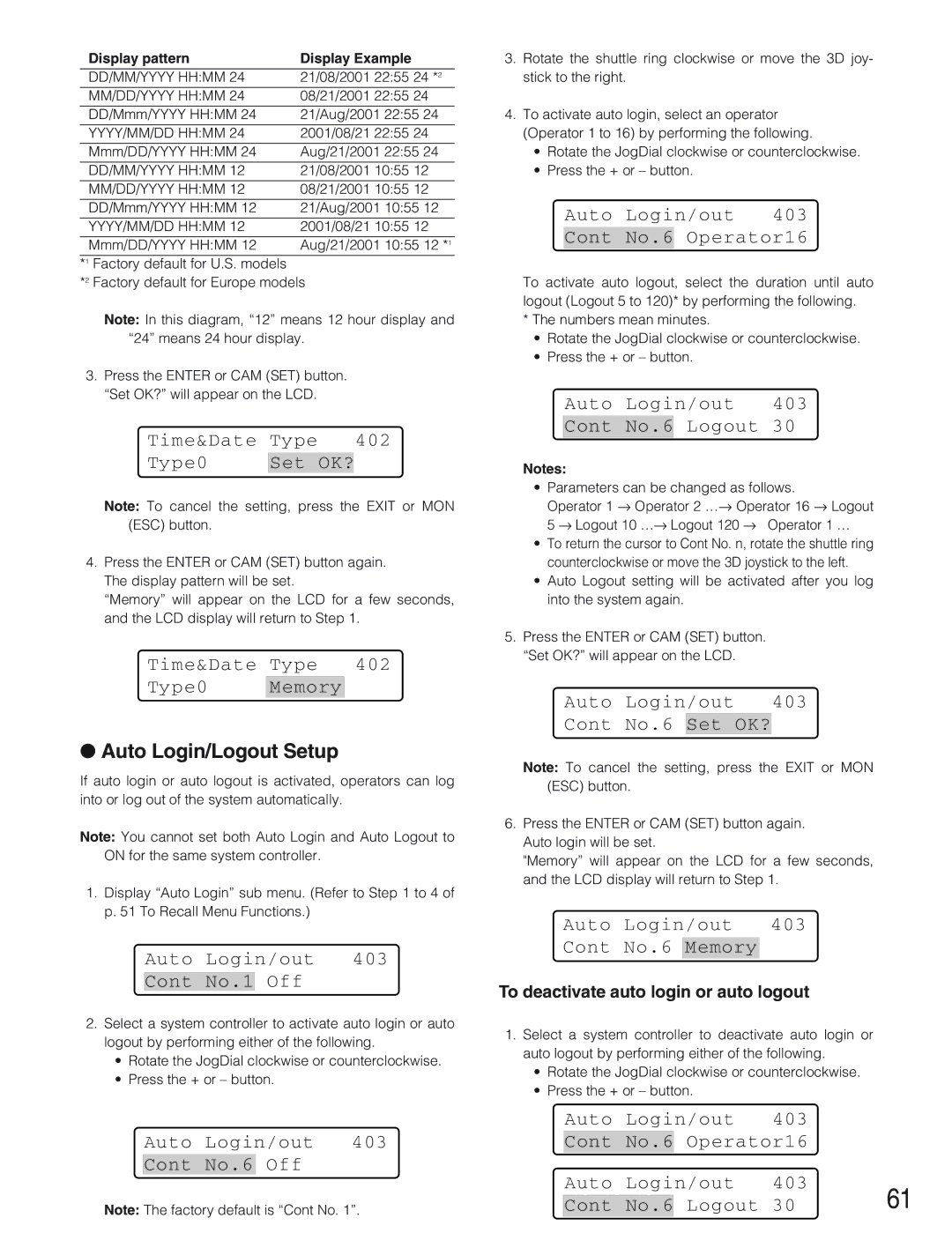 Panasonic WV-CU650 operating instructions Auto Login/Logout Setup 