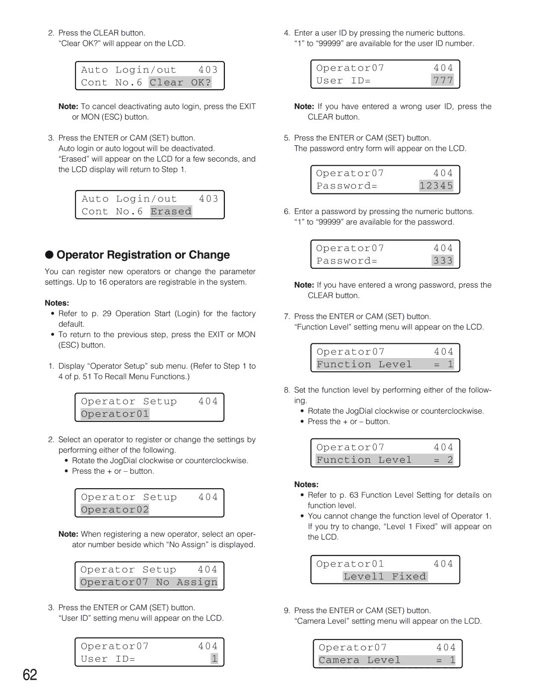 Panasonic WV-CU650 operating instructions Operator Registration or Change 