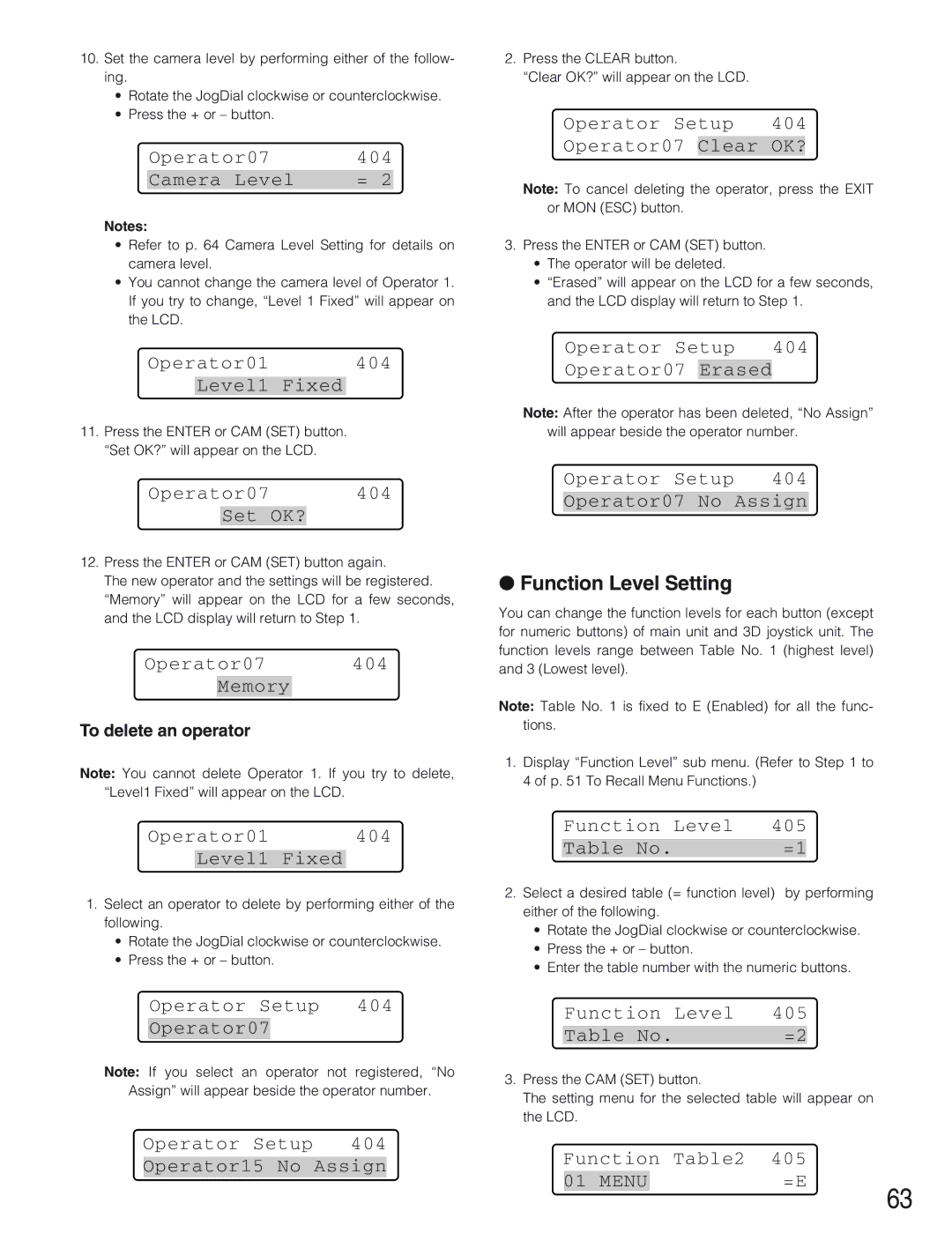 Panasonic WV-CU650 operating instructions Function Level Setting 