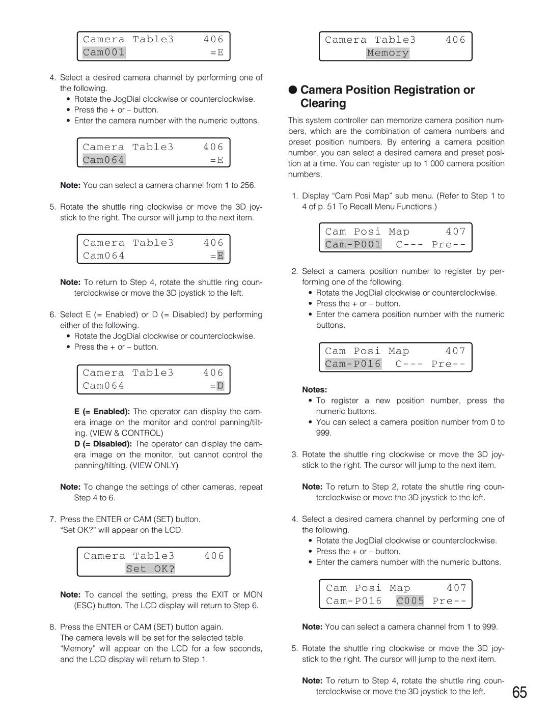 Panasonic WV-CU650 operating instructions Camera Position Registration or Clearing 