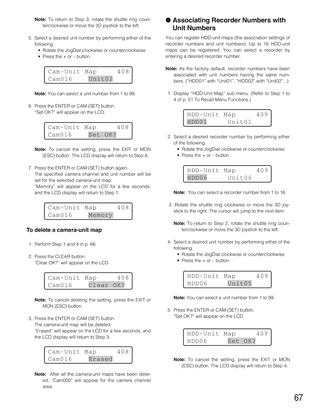 Panasonic WV-CU650 operating instructions Associating Recorder Numbers with Unit Numbers 