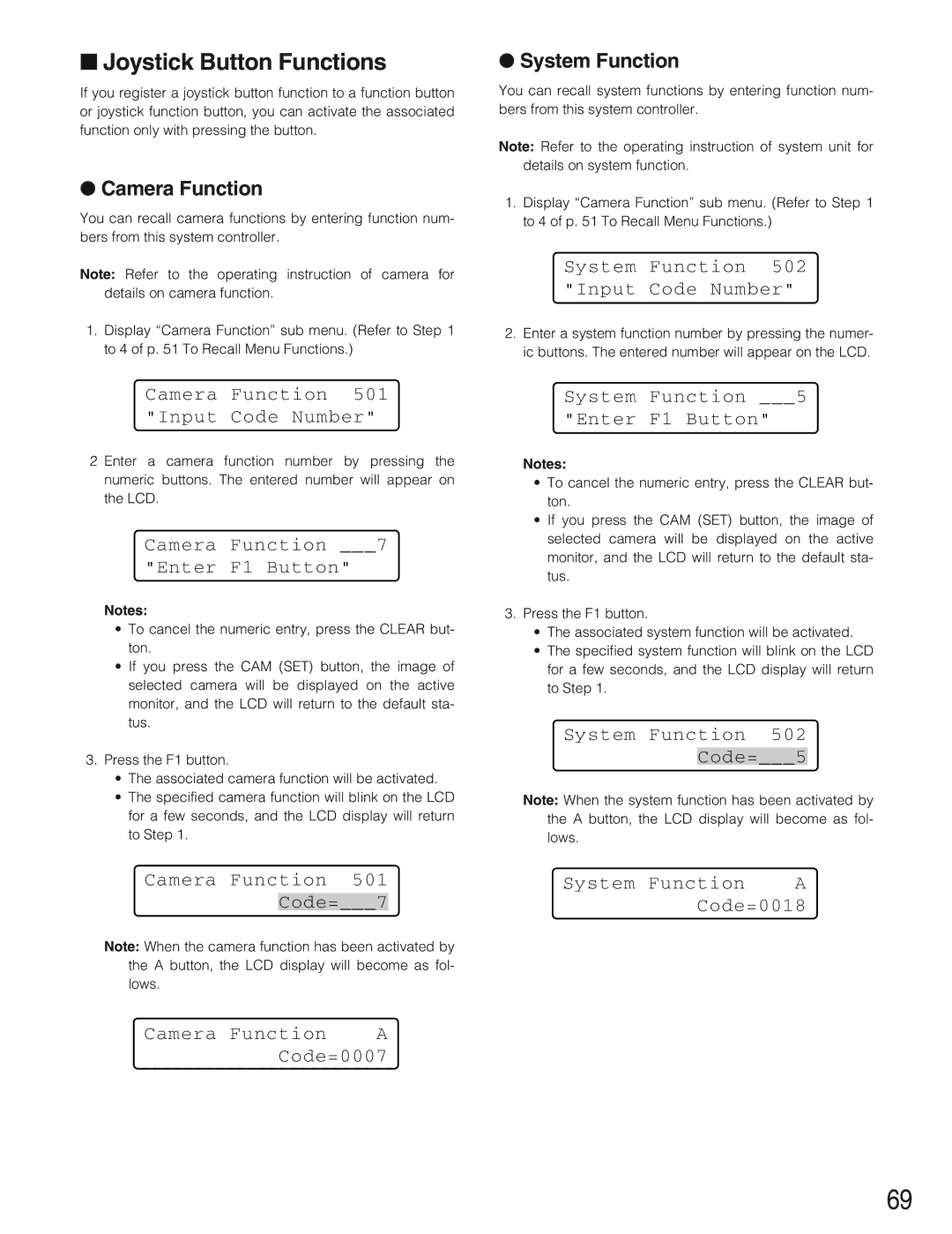 Panasonic WV-CU650 operating instructions Joystick Button Functions, Camera Function, System Function 