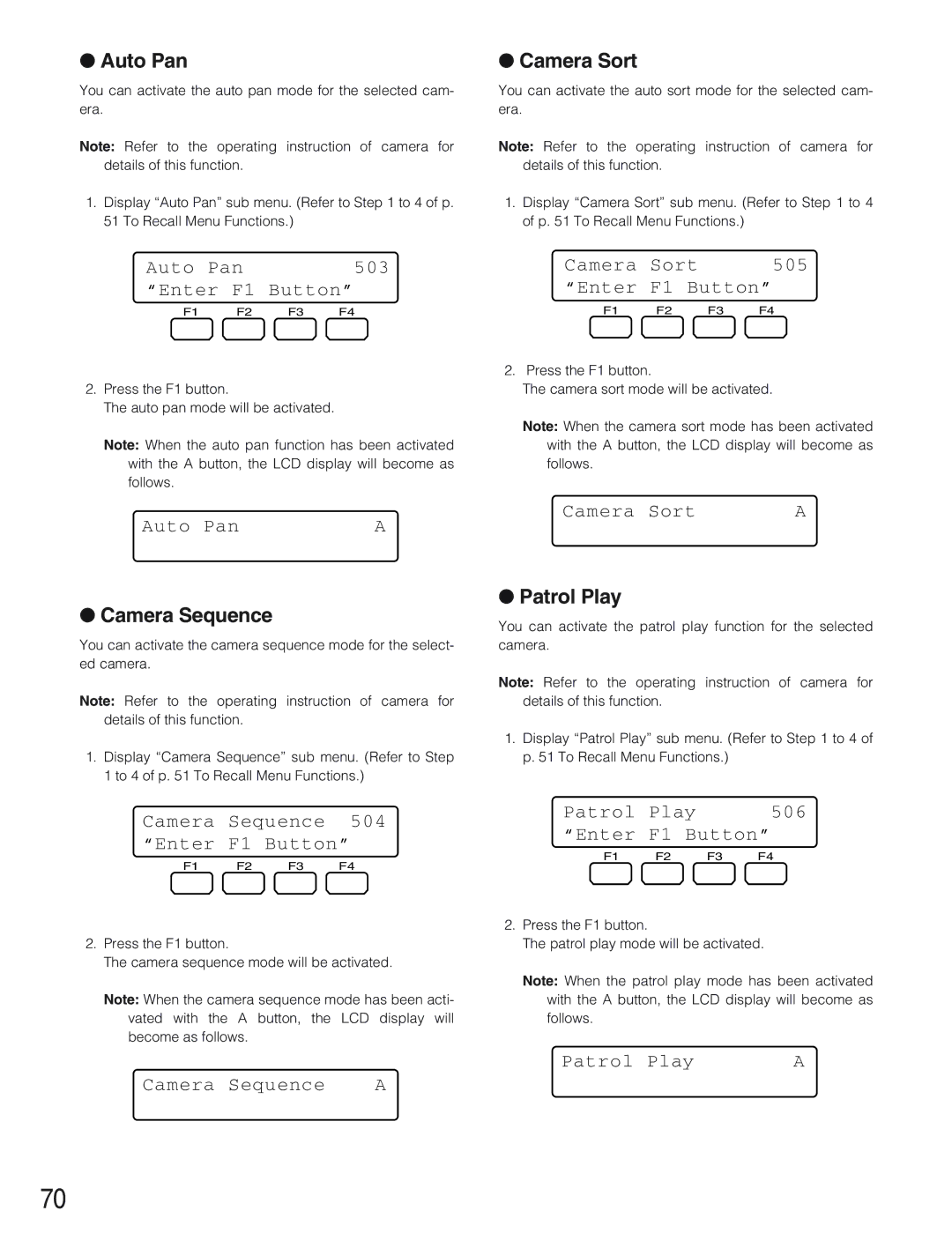 Panasonic WV-CU650 operating instructions Auto Pan, Camera Sort, Camera Sequence, Patrol Play 