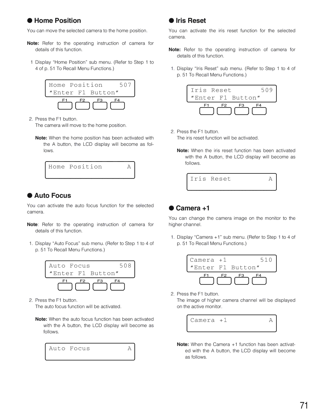 Panasonic WV-CU650 operating instructions Home Position, Iris Reset, Auto Focus, Camera +1 