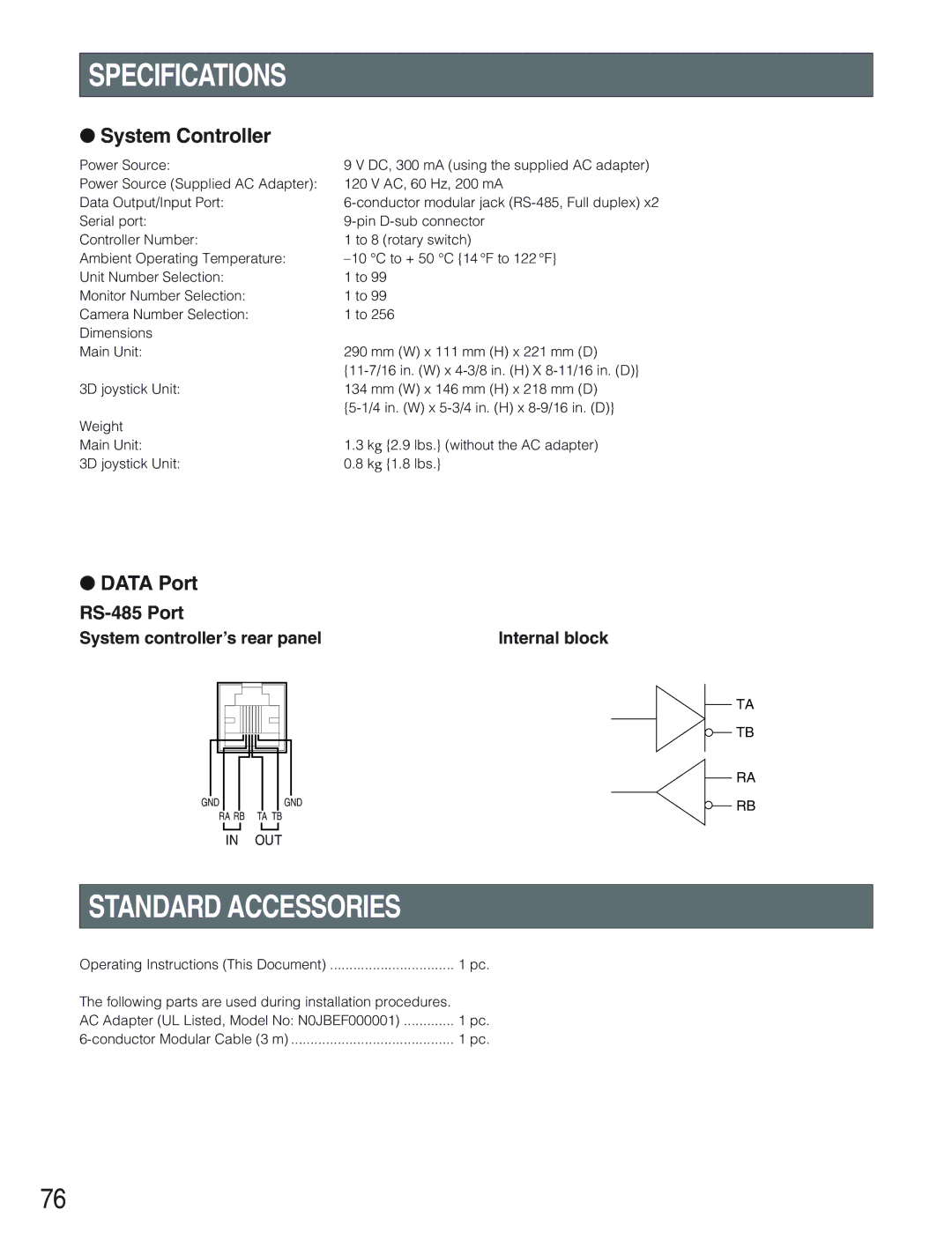 Panasonic WV-CU650 Specifications, Standard Accessories, System Controller, Data Port, System controller’s rear panel 