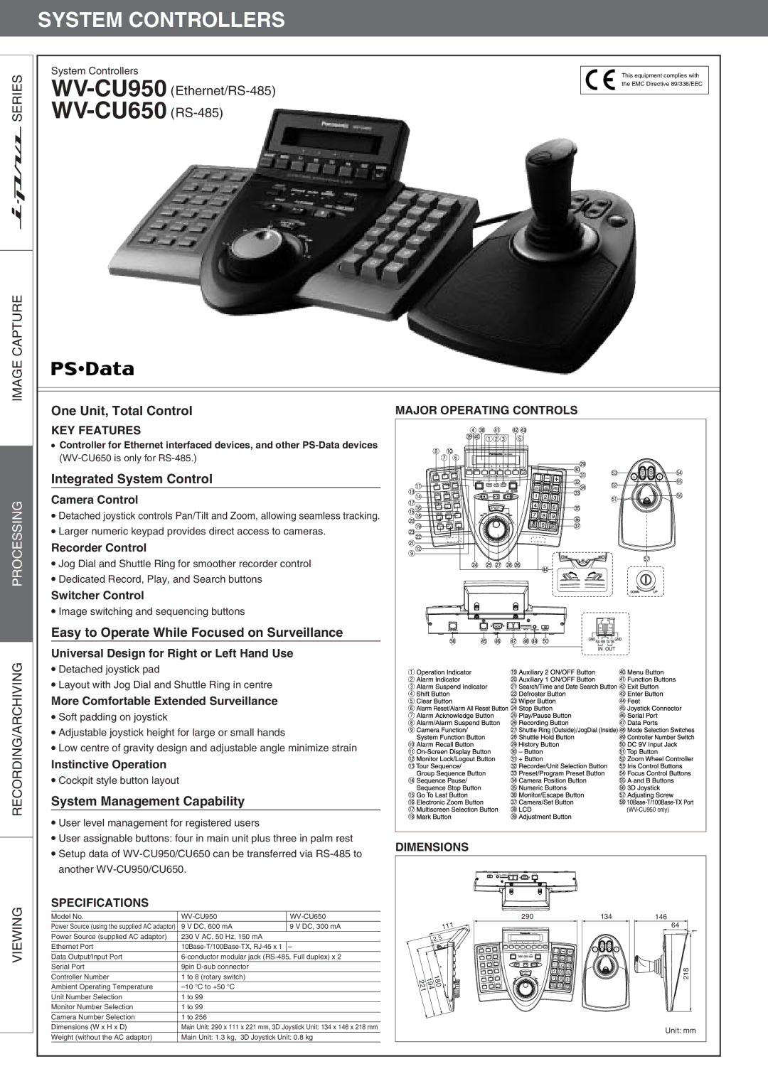 Panasonic Wv-Cu950 dimensions One Unit, Total Control, Integrated System Control, System Management Capability 