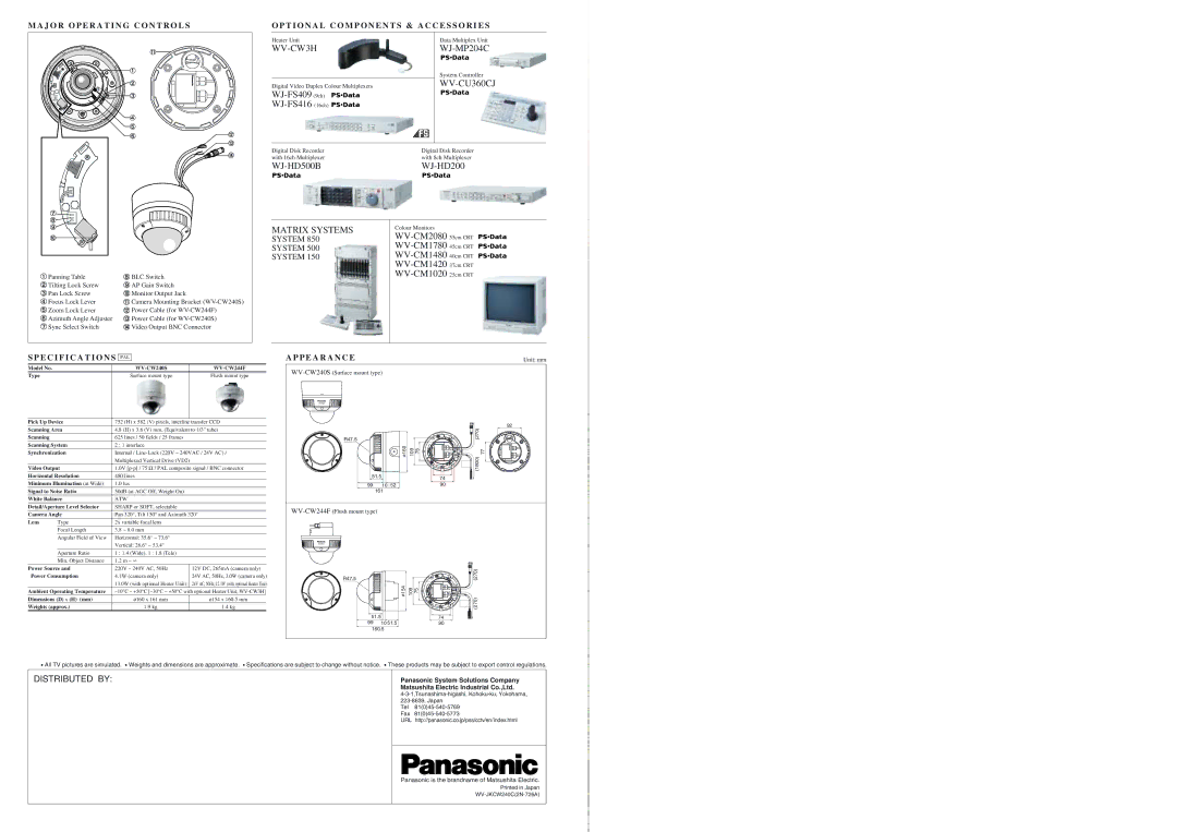 Panasonic WV-CW240 specifications J O R O P E R a T I N G C O N T R O L S, Specification S PAL, P E a R a N C E 