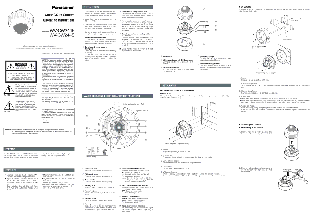 Panasonic WV-CW244S operating instructions Precautions, Major Operating Controls and Their Functions, Installation 